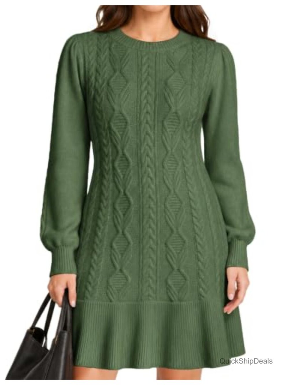 Cable Knit Sweater Dress Puff Sleeve Mini Dress A-Line